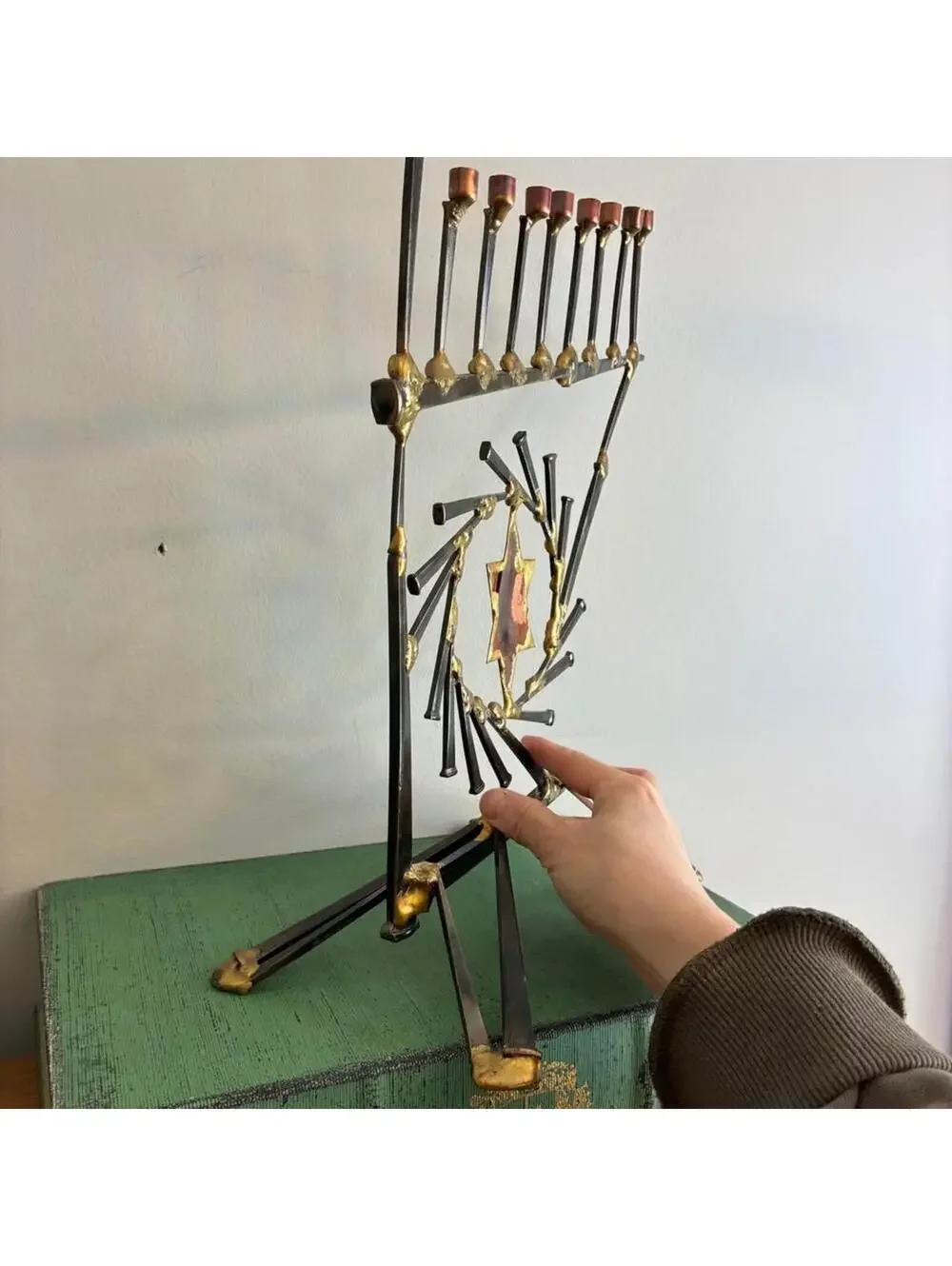 Vintage Brutalist Welded Metal Menorah Star Of David Judaica Candle Holder
